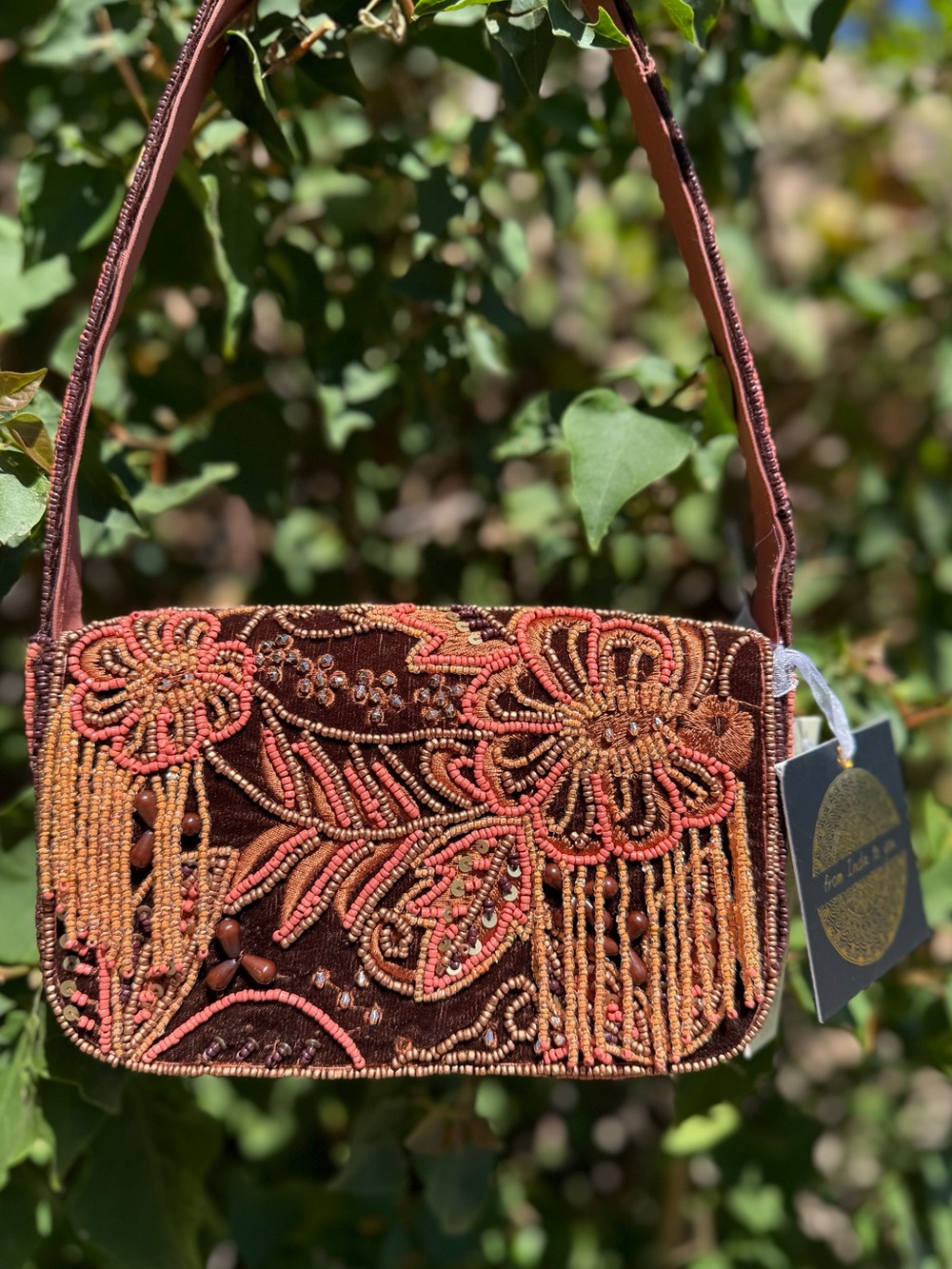NWT Floral Flowers Fall Winter Velvet Striped Beaded Shoulder Bag Made in India